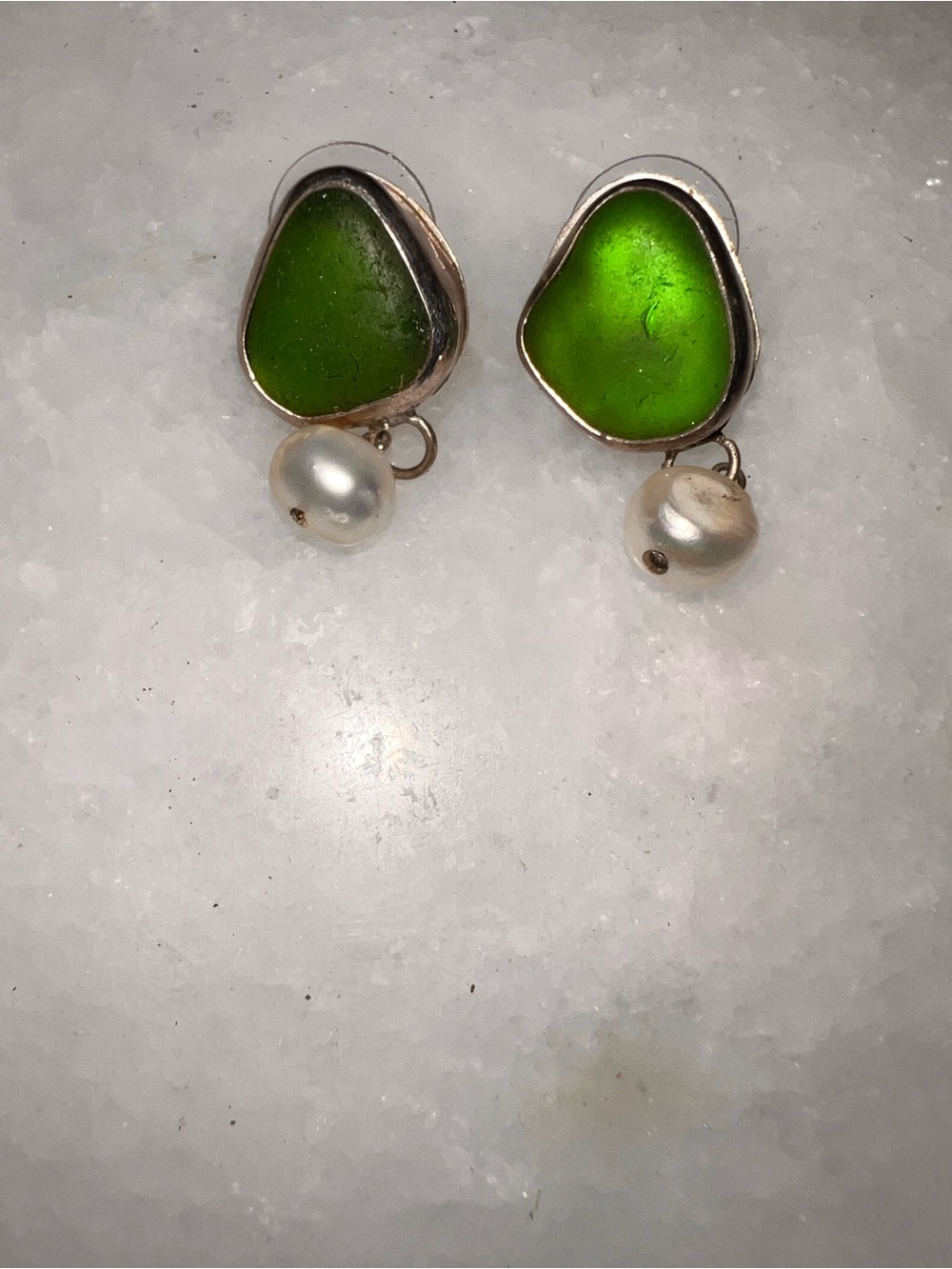 Sterling Silver Green Sea Glass Earrings Pearl Bead Dangles